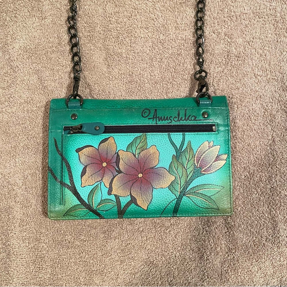 Anuschka Blue Crossbody Bag with Hand-Painted Floral Design